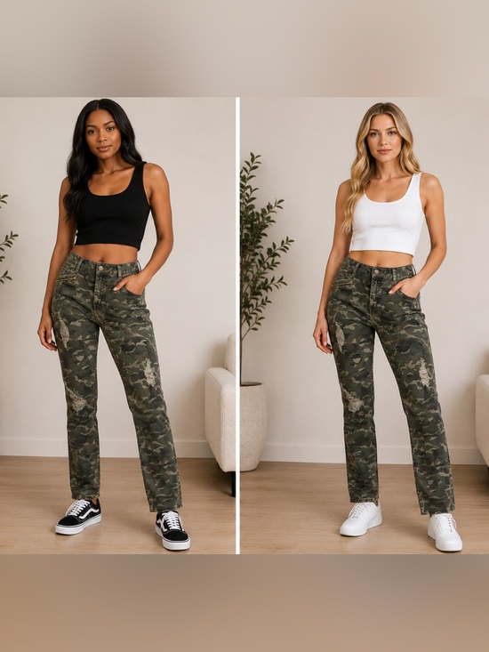 Fashion Nova Denim - Hollywood Camo Distressed Cargo Pants | Women’s | Streetwear | Y2K Green